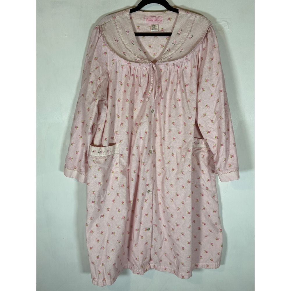 Pleasant Memories L Floral Flannel Button Front Nightgown Pockets Vintage